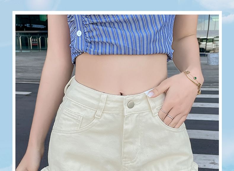 High Waist Ruffle Trim Washed Denim Shorts