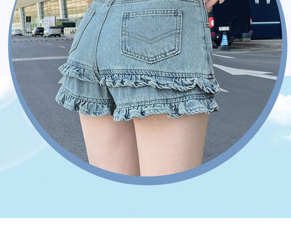 High Waist Ruffle Trim Washed Denim Shorts
