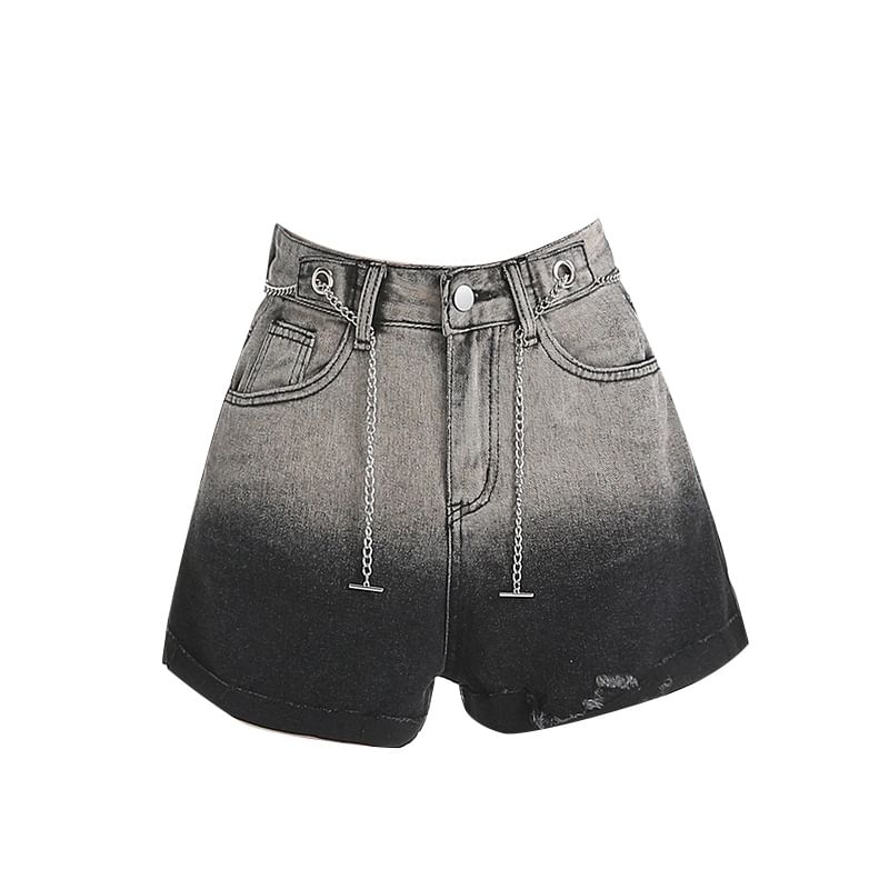 Mid Waist Gradient Fringed Roll Up Hem Washed Denim Shorts