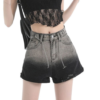 Mid Waist Gradient Fringed Roll Up Hem Washed Denim Shorts