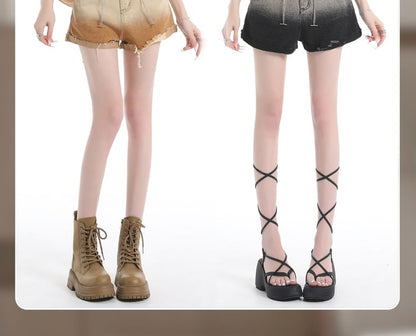 Mid Waist Gradient Fringed Roll Up Hem Washed Denim Shorts