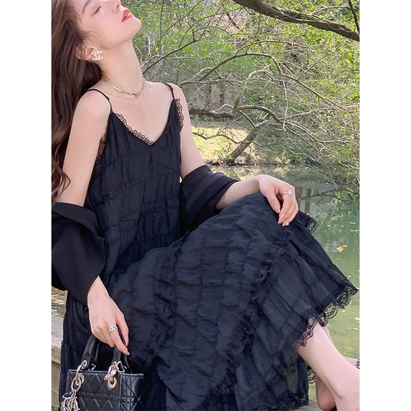 Spaghetti Strap V-Neck Plain Tiered Lace Trim Maxi A-Line Dress