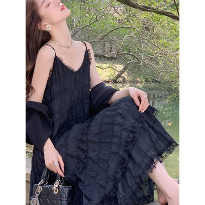 Spaghetti Strap V-Neck Plain Tiered Lace Trim Maxi A-Line Dress