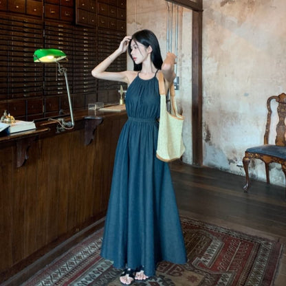 Spaghetti Strap Plain Open Back Maxi A-Line Dress