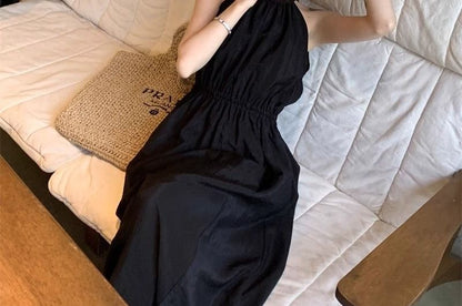 Spaghetti Strap Plain Open Back Maxi A-Line Dress