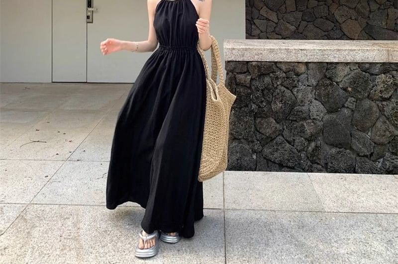 Spaghetti Strap Plain Open Back Maxi A-Line Dress