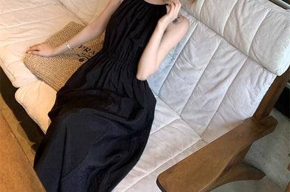 Spaghetti Strap Plain Open Back Maxi A-Line Dress