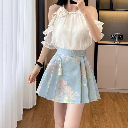 Cold Shoulder Beaded Ruffle Blouse & Pleated Skirt Set