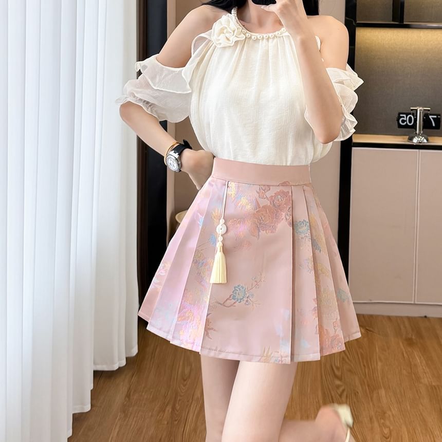 Cold Shoulder Beaded Ruffle Blouse & Pleated Skirt Set
