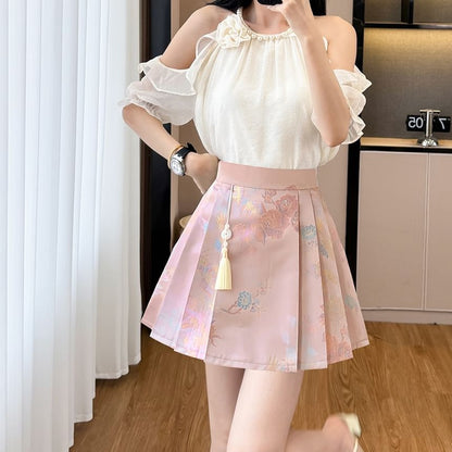Cold Shoulder Beaded Ruffle Blouse & Pleated Skirt Set