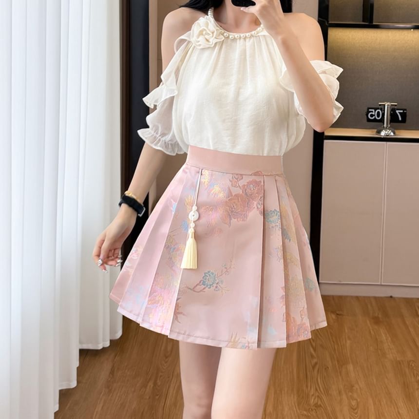 Cold Shoulder Beaded Ruffle Blouse & Pleated Skirt Set