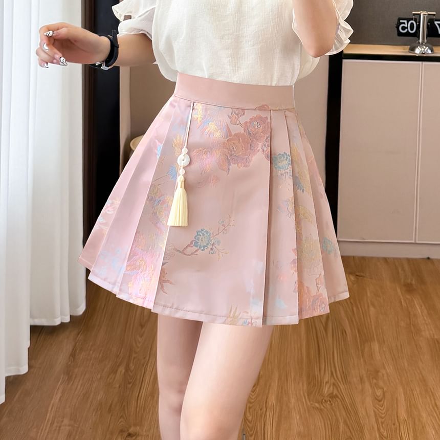 Cold Shoulder Beaded Ruffle Blouse & Pleated Skirt Set