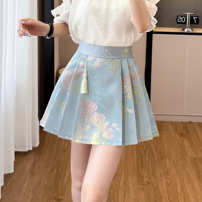 Cold Shoulder Beaded Ruffle Blouse & Pleated Skirt Set
