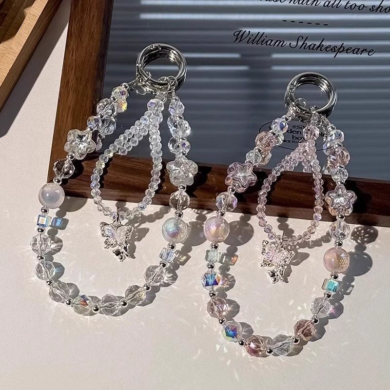 Lanyard Strap Wrist Butterfly with Faux Crystal Pad Beaded Phone