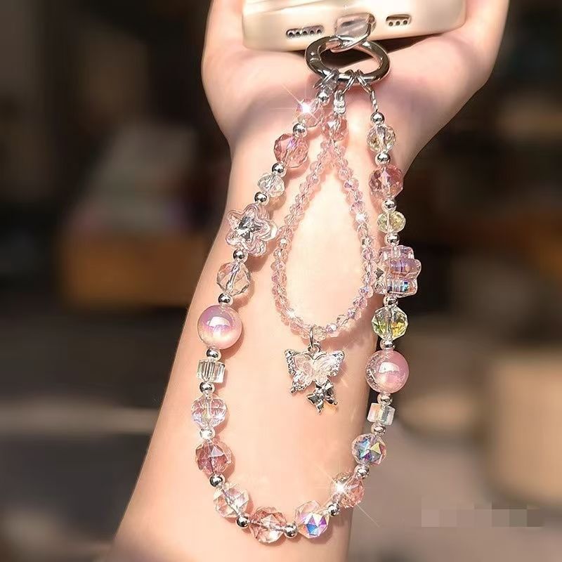 Lanyard Strap Wrist Butterfly with Faux Crystal Pad Beaded Phone