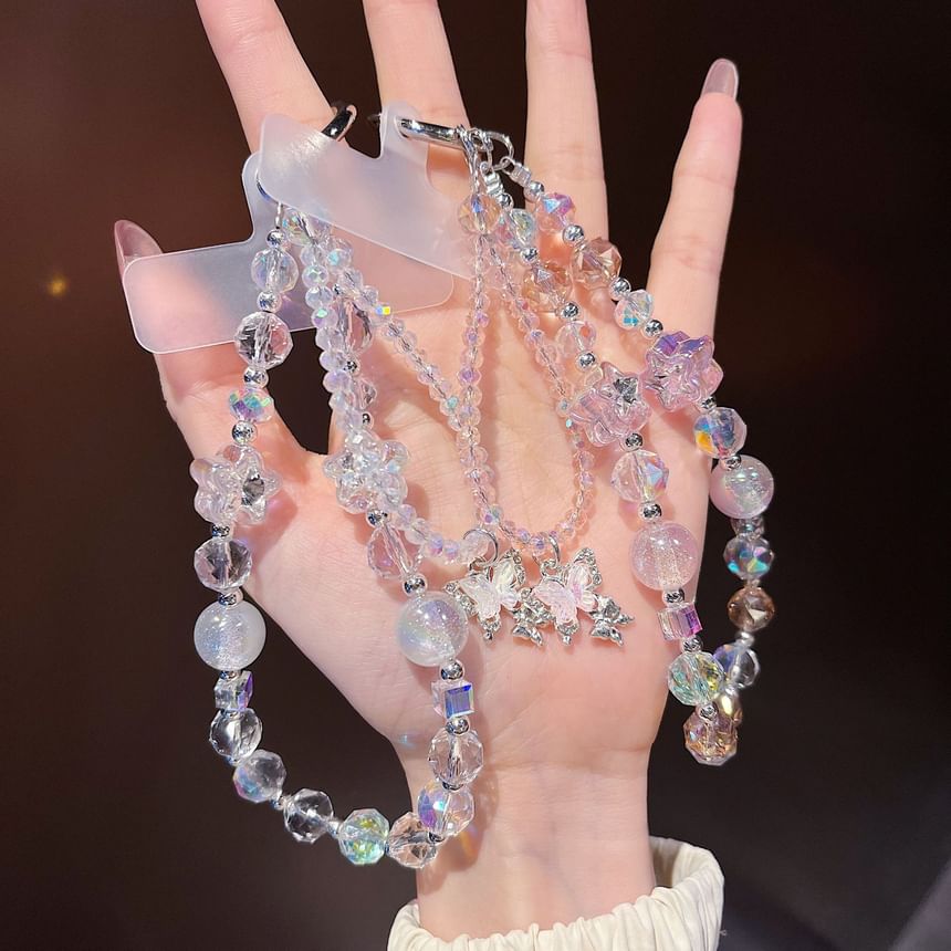 Lanyard Strap Wrist Butterfly with Faux Crystal Pad Beaded Phone