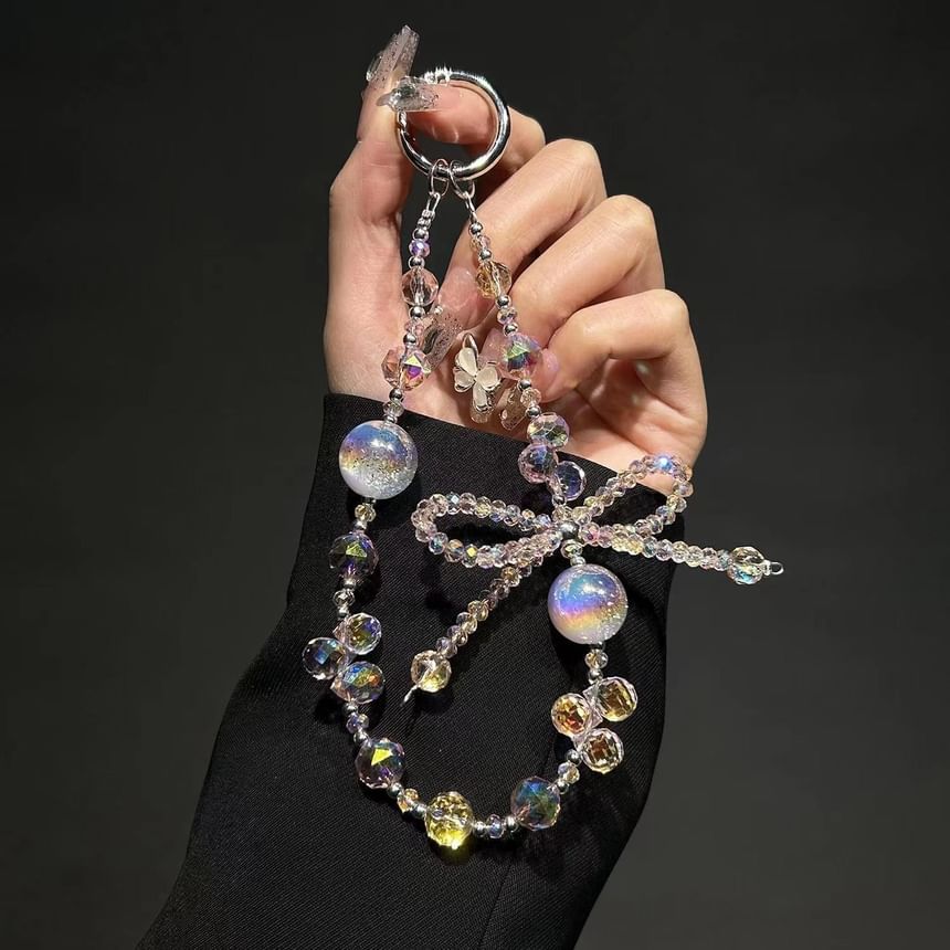 Beaded Wrist Phone Strap Crystal Bow Faux