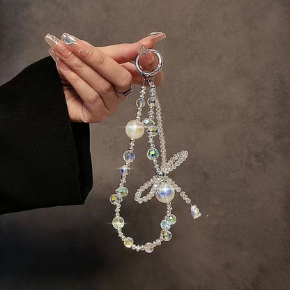 Beaded Wrist Phone Strap Crystal Bow Faux