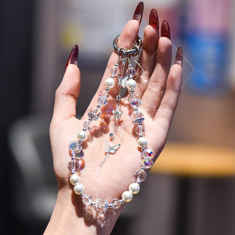 Strap Pearl Butterfly Wrist Faux Phone Pad with Lanyard