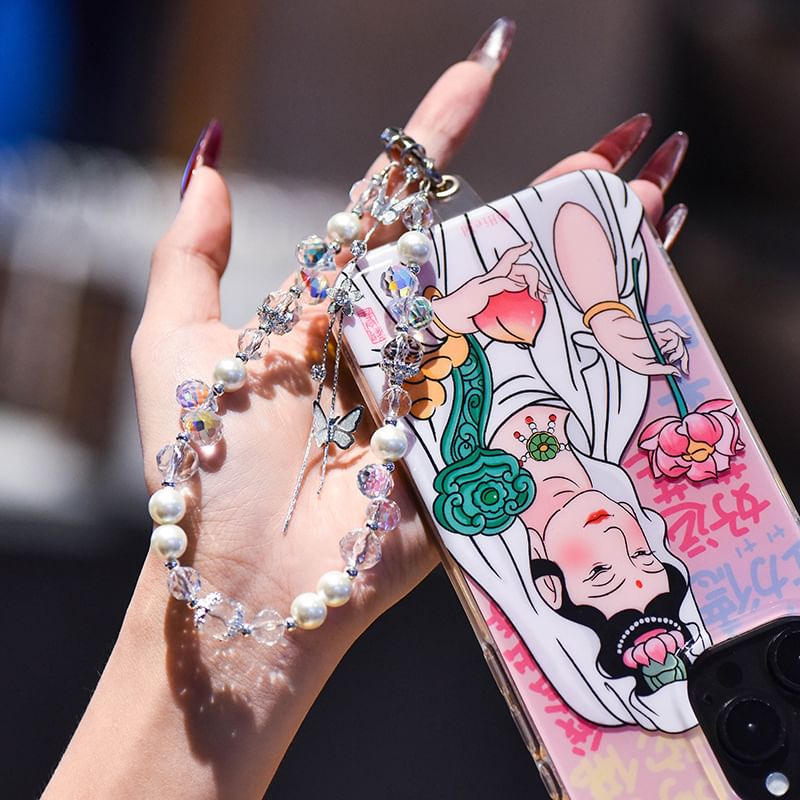 Strap Pearl Butterfly Wrist Faux Phone Pad with Lanyard