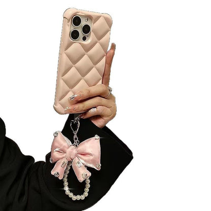 Charm Pearl with Faux Lanyard Bow Rhinestone Pad Phone