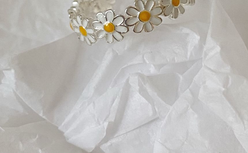Open Ring Enamel Daisy 925 Sterling Silver