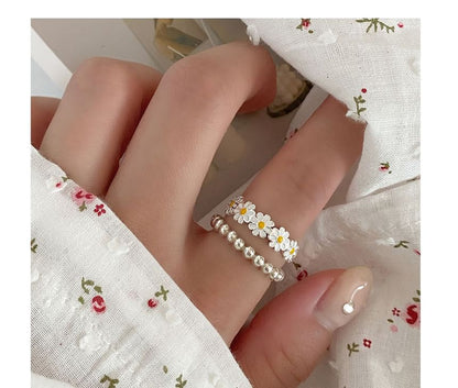 Open Ring Enamel Daisy 925 Sterling Silver