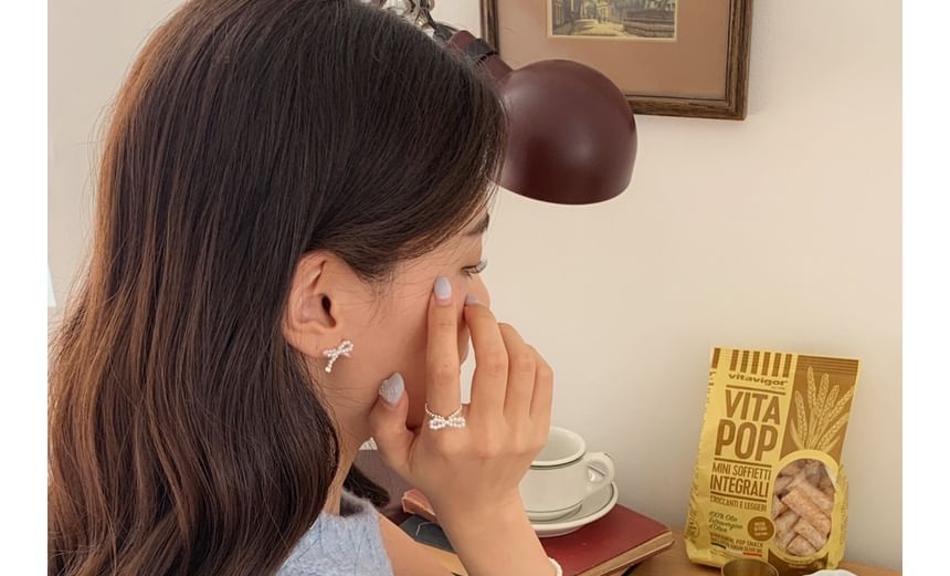 Silver Bow Beaded Ring Sterling 925 Elastic