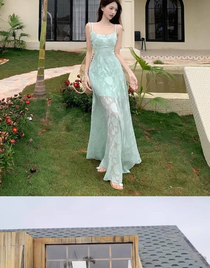 Spaghetti Strap Jacquard Maxi A-Line Dress