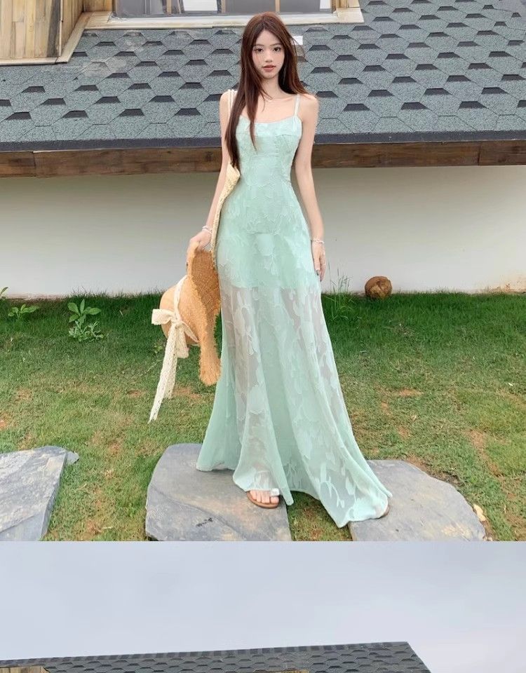 Spaghetti Strap Jacquard Maxi A-Line Dress