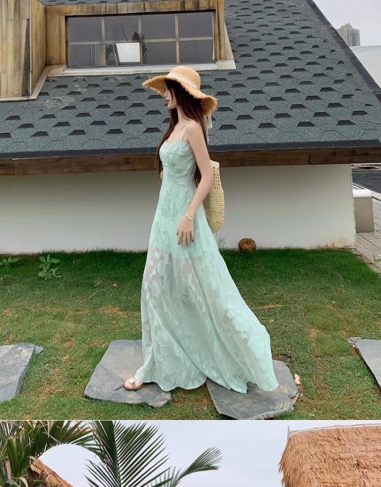 Spaghetti Strap Jacquard Maxi A-Line Dress
