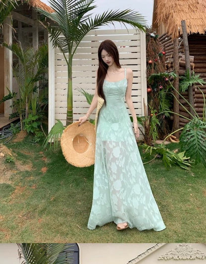 Spaghetti Strap Jacquard Maxi A-Line Dress
