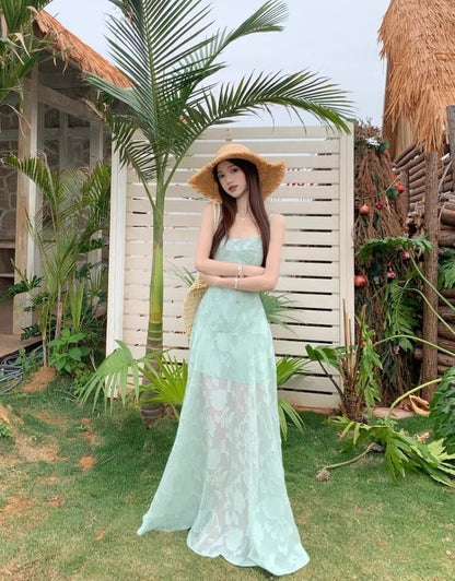 Spaghetti Strap Jacquard Maxi A-Line Dress