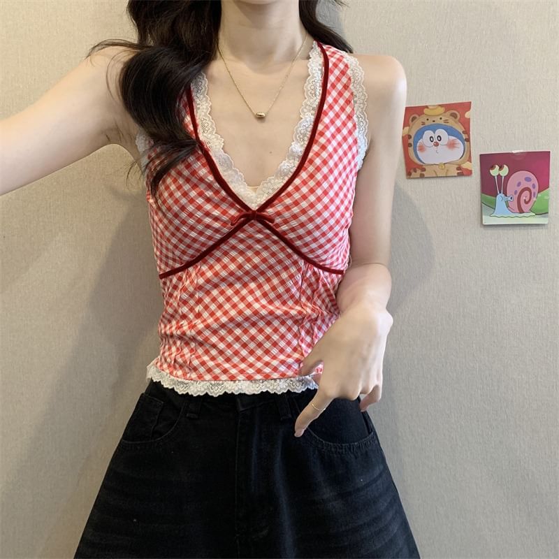 Sleeveless V-Neck Plaid Lace Trim Top