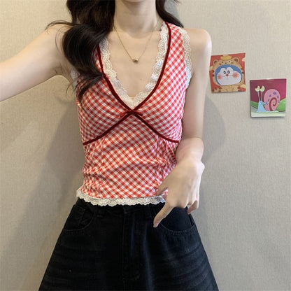 Sleeveless V-Neck Plaid Lace Trim Top