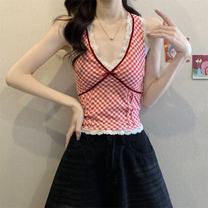 Sleeveless V-Neck Plaid Lace Trim Top