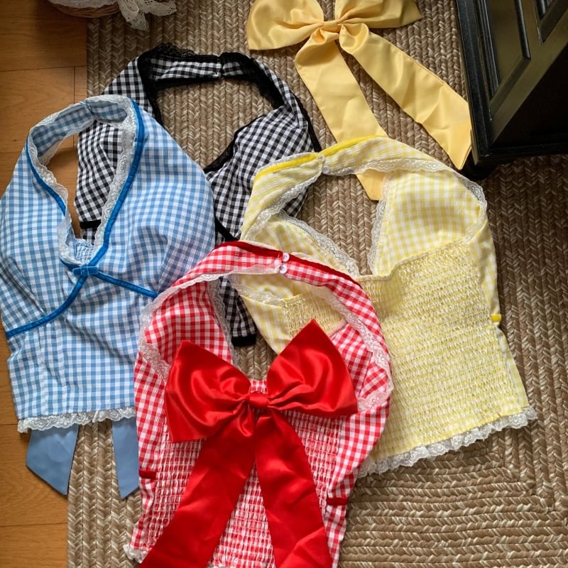 Sleeveless Halter V-Neck Plaid Lace Trim Top