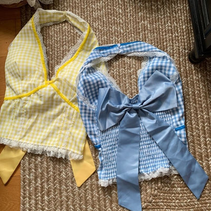 Sleeveless Halter V-Neck Plaid Lace Trim Top
