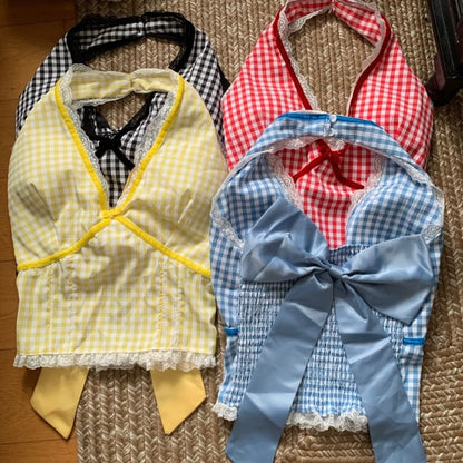 Sleeveless Halter V-Neck Plaid Lace Trim Top