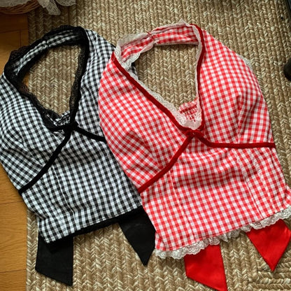Sleeveless Halter V-Neck Plaid Lace Trim Top