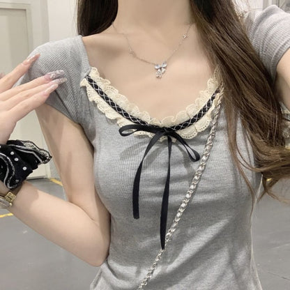 Short-Sleeve V-Neck Plain Lace Trim Tee