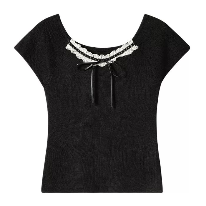 Short-Sleeve V-Neck Plain Lace Trim Tee
