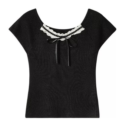 Short-Sleeve V-Neck Plain Lace Trim Tee