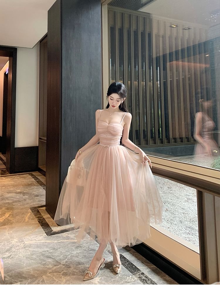 Spaghetti Strap Sweetheart Neck Plain Sheer Panel Midi A-Line Dress