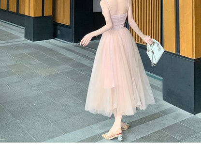 Spaghetti Strap Sweetheart Neck Plain Sheer Panel Midi A-Line Dress