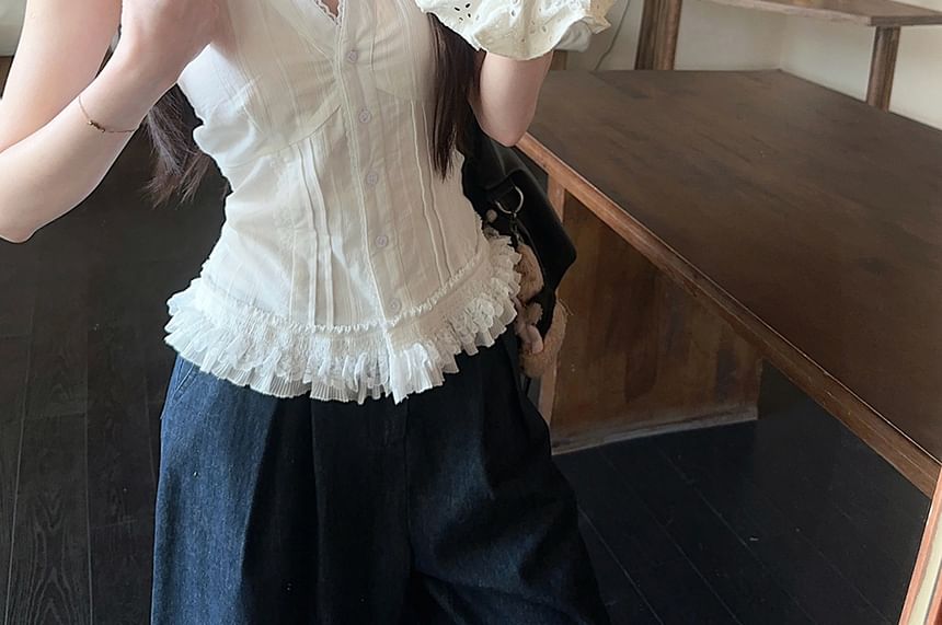 Halter V-Neck Lace Trim Button-Up Plain Open Back Crop Top / High Waist Wide Leg Jeans