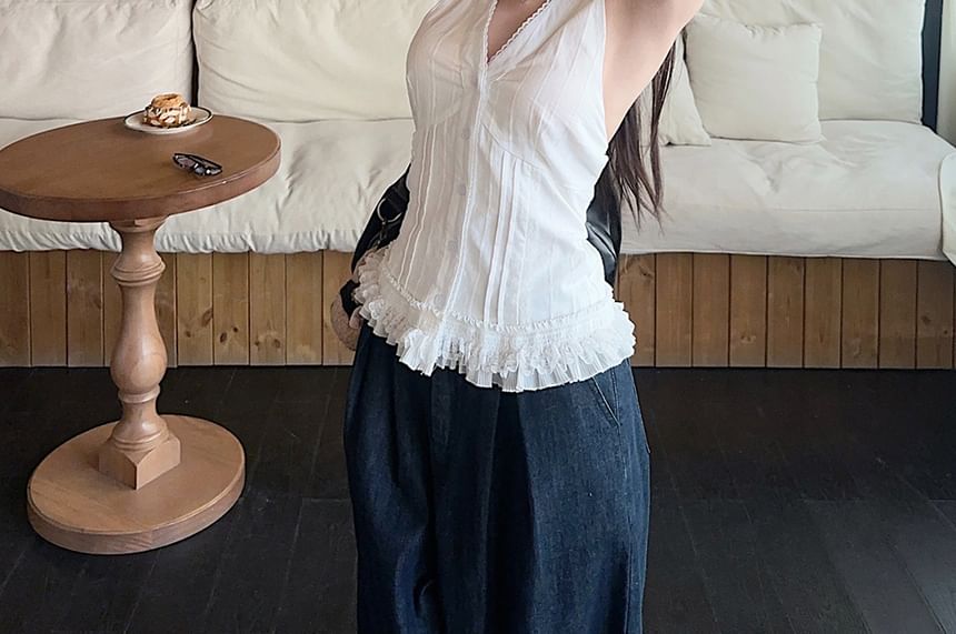 Halter V-Neck Lace Trim Button-Up Plain Open Back Crop Top / High Waist Wide Leg Jeans