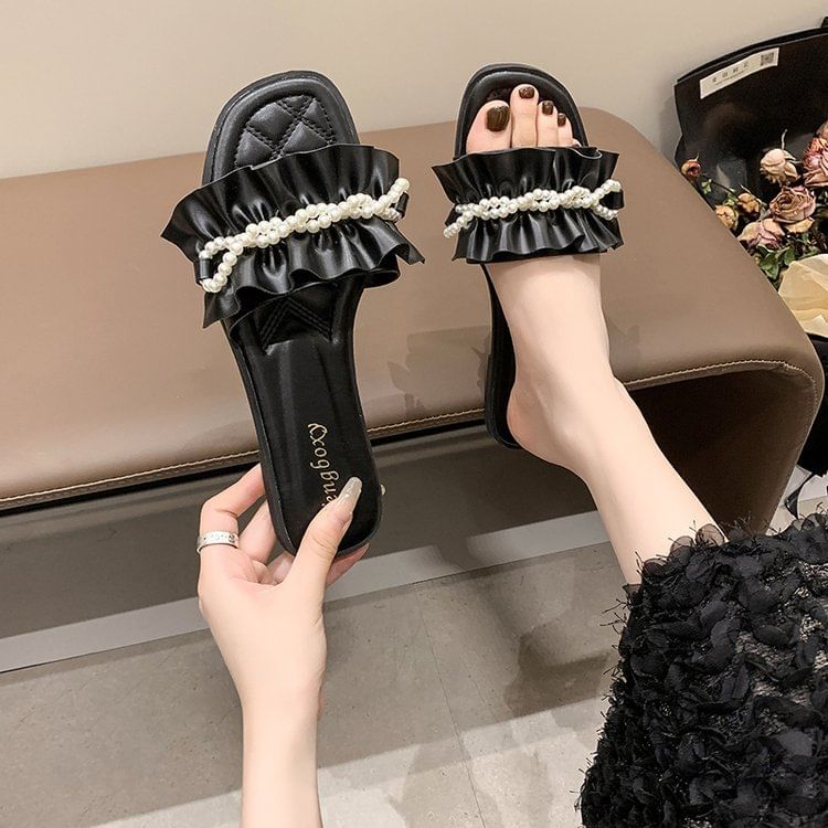 Faux Pearl Ruffle Slide Sandals