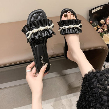 Faux Pearl Ruffle Slide Sandals