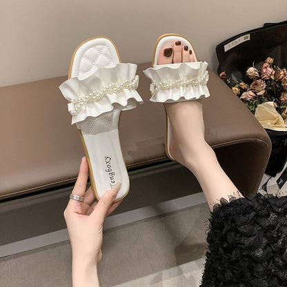 Faux Pearl Ruffle Slide Sandals